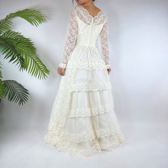 Vintage 50s Cream CottagecoreāFloral Lace Chantilly Maxi Tier Prom Dress / Sz: S - Picture 2 of 10
